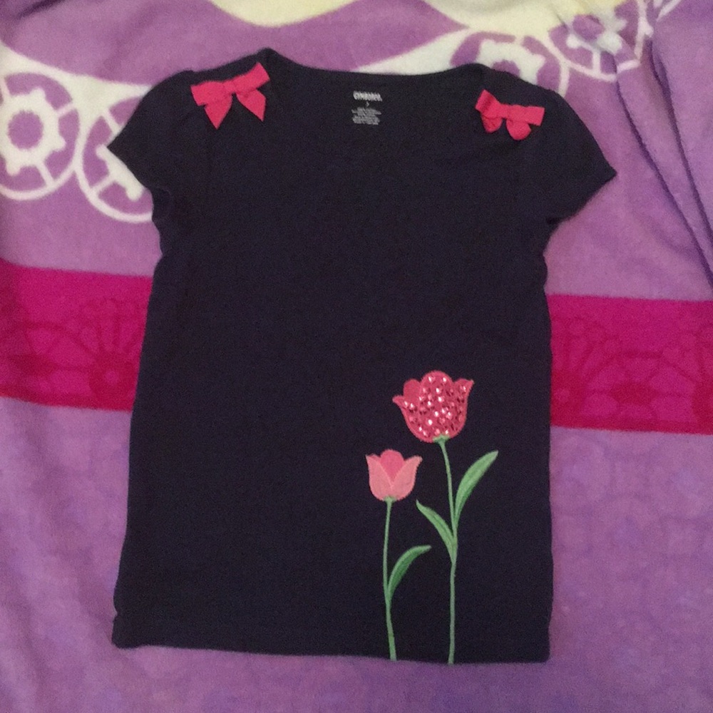 Dark blue shirt pink flowers